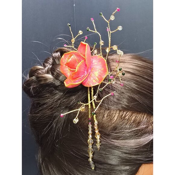 Unique Handcrafted Elegant Gemstone Asian Inspired Pink and Gold Rose Hair Stick - Picture 6 of 7